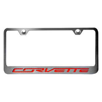 ACC® - GM Licensed Series Black / Brushed License Plate Frame with Red Carbon Fiber Corvette Logo