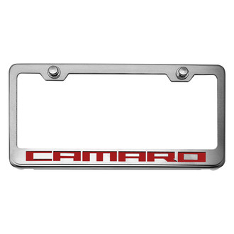 ACC® - Brushed License Plate Frame with Garnet Red Solid Camaro Logo