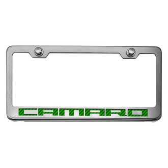 ACC® - Brushed License Plate Frame with Green Carbon Fiber Camaro Logo