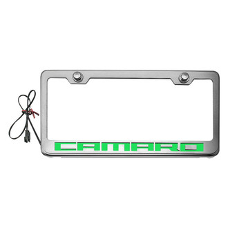 ACC® - Brushed License Plate Frame with Camaro Logo and Green Illuminated