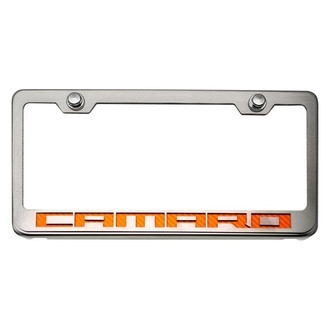 ACC® - Brushed License Plate Frame with Orange Carbon Fiber Camaro Logo