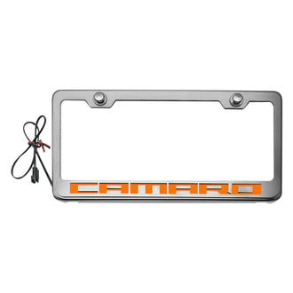 ACC® - Brushed License Plate Frame with Camaro Logo and Orange Illuminated