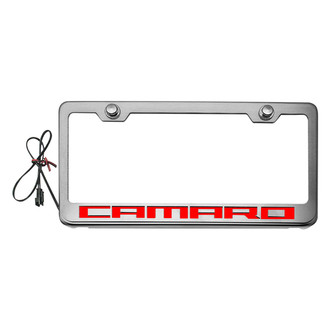 ACC® - Brushed License Plate Frame with Camaro Logo and Red Illuminated