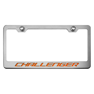 ACC® - MOPAR Licensed Series Brushed License Plate Frame with Orange Carbon Fiber Challenger Logo