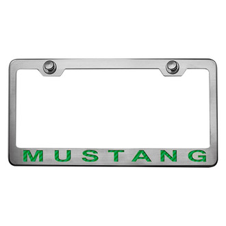 ACC® - Brushed License Plate Frame with Style 2 Green Carbon Fiber Mustang Logo
