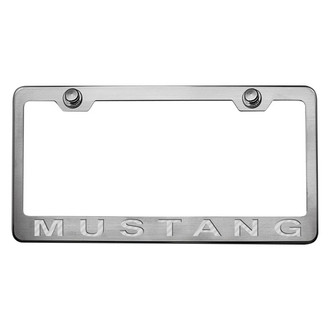 ACC® - Brushed License Plate Frame with Style 2 White Carbon Fiber Mustang Logo