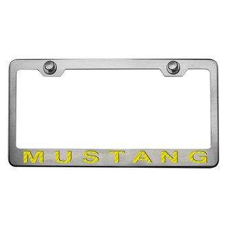 ACC® - Brushed License Plate Frame with Style 2 Yellow Carbon Fiber Mustang Logo
