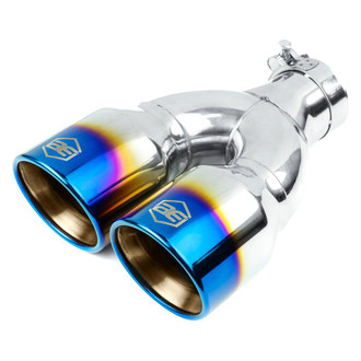 AERO Exhaust® - 304 SS Round Rolled Edge Angle Cut Clamp-On Dual Blue Flame Exhaust Tip (2.25" Inlet, 3.5" Outlet, 9.75" Length)