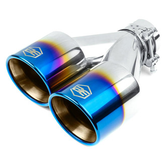 AERO Exhaust® - 304 SS Driver Side Round Rolled Edge Angle Cut Clamp-On Dual Blue Flame Exhaust Tip (2.25" Inlet, 3.5" Outlet, 9.5" Length)