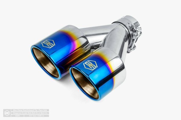AERO Exhaust® - Passenger Side 304 SS Round Rolled Edge Angle Cut Dual Blue Flame Exhaust Tip