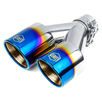 AERO Exhaust® - 304 SS Passenger Side Round Rolled Edge Angle Cut Clamp-On Dual Blue Flame Exhaust Tip (2.25" Inlet, 3.5" Outlet, 9.5" Length)