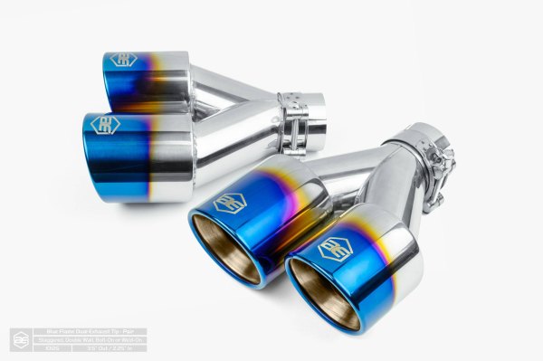 AERO Exhaust® - Driver and Passenger Side 304 SS Round Rolled Edge Angle Cut Dual Blue Flame Exhaust Tips