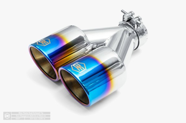 AERO Exhaust® - 304 SS Non-Staggered Round Rolled Edge Angle Cut Dual Blue Flame Exhaust Tip