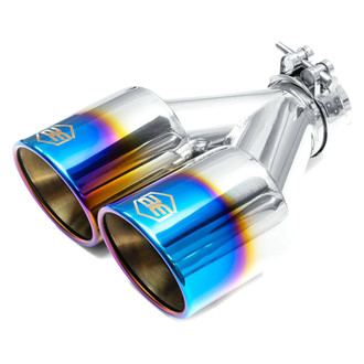 AERO Exhaust® - 304 SS Non-Staggered Round Rolled Edge Angle Cut Clamp-On Dual Blue Flame Exhaust Tip (2.25" Inlet, 3.5" Outlet, 9.5" Length)