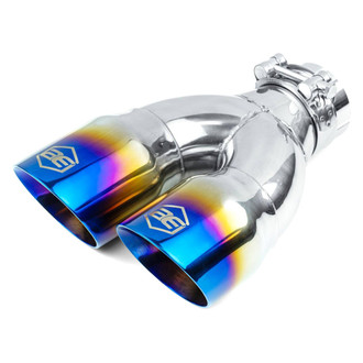 AERO Exhaust® - 304 SS Passenger Side Round Angle Cut Clamp-On Dual Blue Flame Exhaust Tip (2.25" Inlet, 3" Outlet, 9.25" Length)