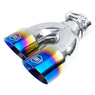 AERO Exhaust® - 304 SS Driver Side Round Angle Cut Clamp-On Dual Blue Flame Exhaust Tip (2.25" Inlet, 3" Outlet, 9.25" Length)