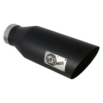 aFe® - Mach Force XP™ 409 SS Round Angle Cut Bolt-On Black Exhaust Tip with Silver Laser Cut Logo (4" Inlet, 7" Outlet, 18" Length)