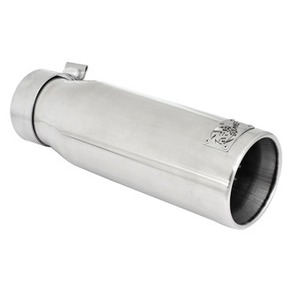 aFe® - Mach Force XP™ 304 SS Round Straight Cut Bolt-On Polished Exhaust Tip with Silver Laser Cut Logo (3" Inlet, 4" Outlet, 12" Length)
