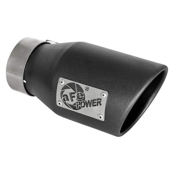 aFe® - Mach Force XP™ Passenger Side 304 SS Round Angle Cut High Temp Metallic Black Exhaust Tip with Laser Cut Logo