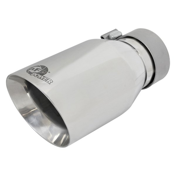 aFe® - Mach Force XP™ 304 SS Round Non-Rolled Edge Angle Cut Double-Wall Polished Exhaust Tip with Laser Etched Logo