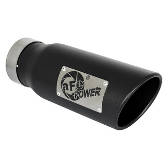 aFe® - Mach Force XP™ 409 SS Round Angle Cut Bolt-On Black Exhaust Tip with Silver Laser Cut Logo (3.5" Inlet, 4.5" Outlet, 12" Length)