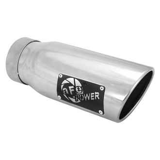 aFe® - Mach Force XP™ 304 SS Round Angle Cut Bolt-On Polished Exhaust Tip with Black Laser Cut Logo (3.5" Inlet, 4.5" Outlet, 12" Length)