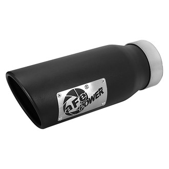 aFe® - Mach Force XP™ Stainless Steel Round Angle Cut Bolt-On Black Exhaust Tip with Laser Cut Logo (3.5" Inlet, 4.5" Outlet, 12" Length)