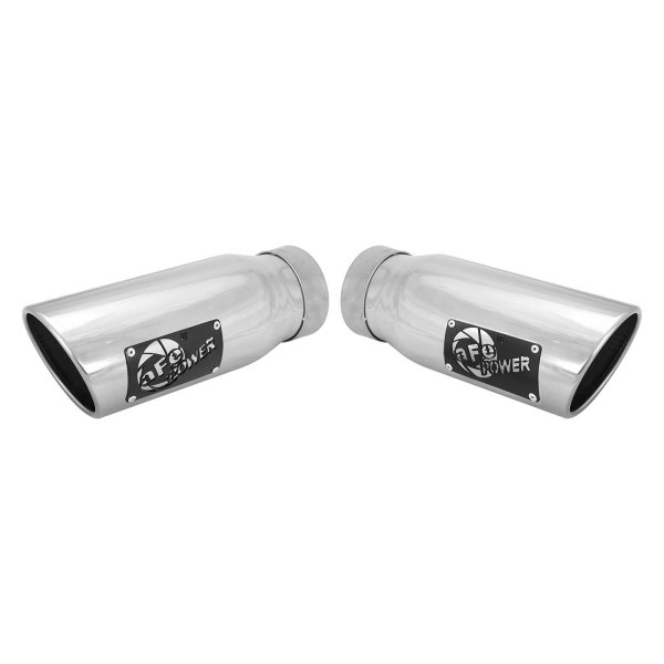 aFe® - Mach Force XP™ 304 SS Round Rolled Edge Angle Cut Single-Wall Polished Exhaust Tip with Laser Cut Logo