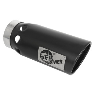 aFe® - Mach Force XP™ 409 SS Passenger Side Round Intercooled Angle Cut Bolt-On Black Exhaust Tip with Laser Cut Logo (4" Inlet, 5" Outlet, 12" Length)