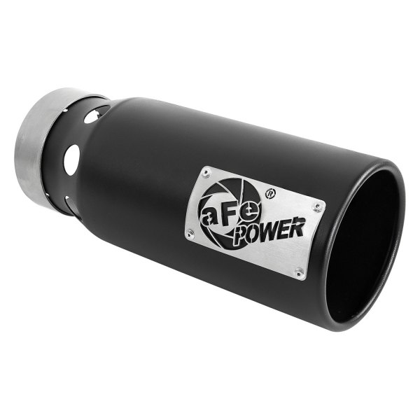 aFe® - Saturn Series™ Passenger Side 409 SS Round Intercooled Straight Cut Black Exhaust Tip with Laser Cut Logo