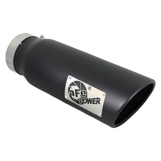 aFe® - Mach Force XP™ 409 SS Passenger Side Round Angle Cut Bolt-On Black Exhaust Tip with Laser Cut Logo (4" Inlet, 5" Outlet, 15" Length)
