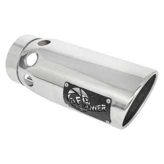 aFe® - Mach Force XP™ 304 SS Passenger Side Round Intercooled Angle Cut Bolt-On Polished Exhaust Tip with Laser Cut Logo (4" Inlet, 5" Outlet, 12" Length)