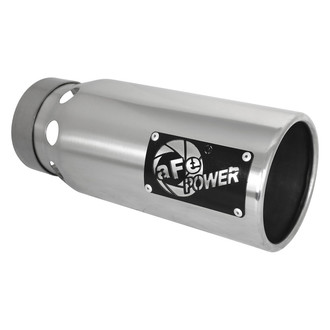 aFe® - Saturn Series™ 304 SS Passenger Side Round Intercooled Straight Cut Bolt-On Polished Exhaust Tip with Laser Cut Logo (4" Inlet, 5" Outlet, 12" Length)