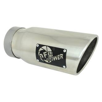 aFe® - Mach Force XP™ 304 SS Passenger Side Round Angle Cut Bolt-On Polished Exhaust Tip with Laser Cut Logo (4" Inlet, 5" Outlet, 12" Length)