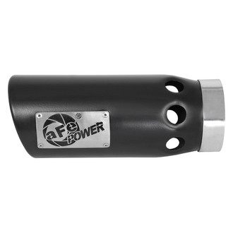 aFe® - Mach Force XP™ 409 SS Round Intercooled Angle Cut Bolt-On Black Exhaust Tip with Laser-Cut Logo (4" Inlet, 5" Outlet, 12" Length)