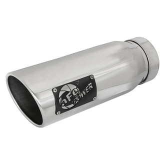 aFe® - Mach Force XP™ 304 SS Driver Side Round Angle Cut Bolt-On Polished Exhaust Tip with Laser Cut Logo (4" Inlet, 5" Outlet, 12" Length)