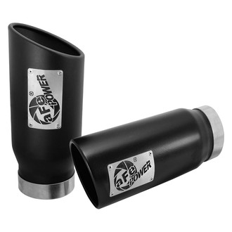 aFe® - Mach Force XP™ Stainless Steel Round Angle Cut Bolt-On Black Exhaust Tips with Laser Etched Logo (4" Inlet, 5" Outlet, 12" Length)