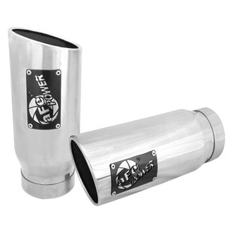 aFe® - Mach Force XP™ Stainless Steel Round Angle Cut Bolt-On Polished Exhaust Tips with Laser Etched Logo (4" Inlet, 5" Outlet, 12" Length)