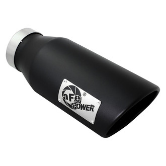 aFe® - Mach Force XP™ 409 SS Passenger Side Round Angle Cut Bolt-On Black Exhaust Tip with Laser Cut Logo (4" Inlet, 6" Outlet, 15" Length)