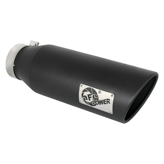 aFe® - Mach Force XP™ 409 SS Passenger Side Round Angle Cut Bolt-On Black Exhaust Tip with Laser Cut Logo (4" Inlet, 6" Outlet, 18" Length)