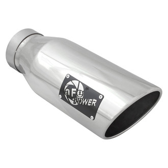aFe® - Mach Force XP™ 304 SS Passenger Side Round Angle Cut Bolt-On Polished Exhaust Tip with Laser Cut Logo (4" Inlet, 6" Outlet, 15" Length)