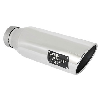 aFe® - Mach Force XP™ 409 SS Passenger Side Round Angle Cut Bolt-On Polished Exhaust Tip with Laser Cut Logo (4" Inlet, 6" Outlet, 18" Length)