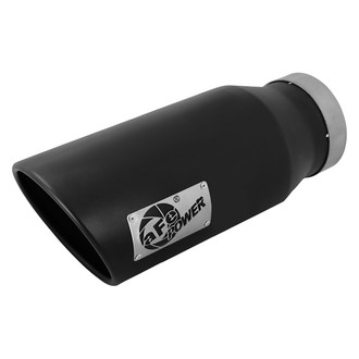 aFe® - Mach Force XP™ 409 SS Driver Side Round Angle Cut Bolt-On Black Exhaust Tip with Laser Cut Logo (4" Inlet, 6" Outlet, 15" Length)