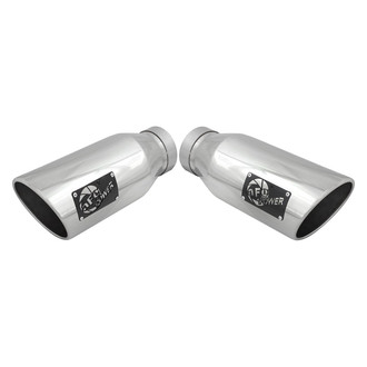 aFe® - Mach Force XP™ 304 SS Round Angle Cut Bolt-On Polished Exhaust Tips with Laser Cut Logo (4" Inlet, 6" Outlet, 15" Length)