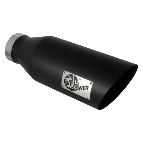 aFe® - Mach Force XP™ Driver Side 409 SS Round Angle Cut Single-Wall Black Powder Coated Exhaust Tip with Laser Cut Logo