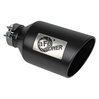aFe® - Mach Force XP™ 304 SS Round Angle Cut Clamp-On Black Exhaust Tip with Laser Cut Logo (4" Inlet, 8" Outlet, 15" Length)