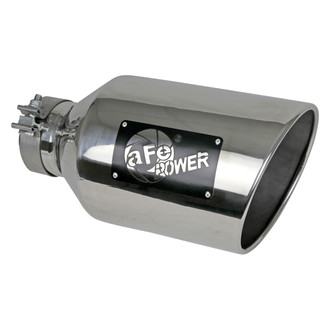 aFe® - Mach Force XP™ 304 SS Round Angle Cut Clamp-On Polished Exhaust Tip with Laser Cut Logo (4" Inlet, 8" Outlet, 15" Length)