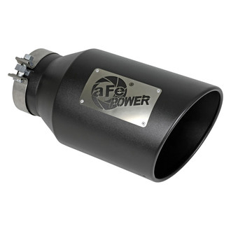 aFe® - Mach Force XP™ 304 SS Round Angle Cut Clamp-On Black Exhaust Tip with Laser Cut Logo (5" Inlet, 8" Outlet, 15" Length)