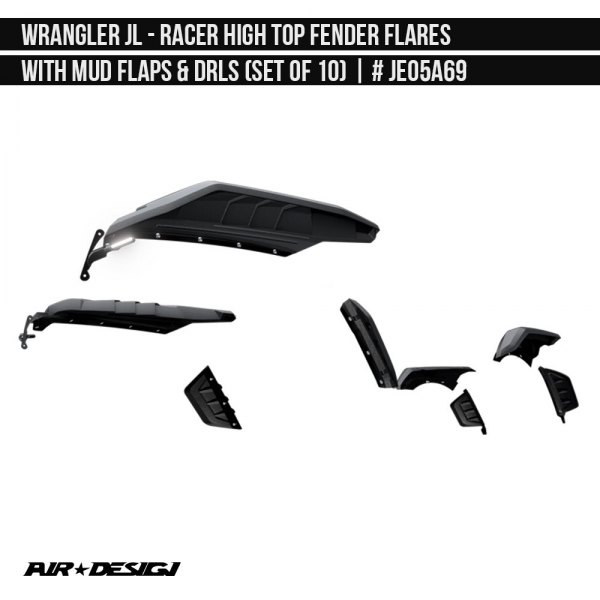 Air Design® - Racer Smooth Grain Textured Black Front and Rear High Top Fender Flare, Mud Flaps and DRL Set