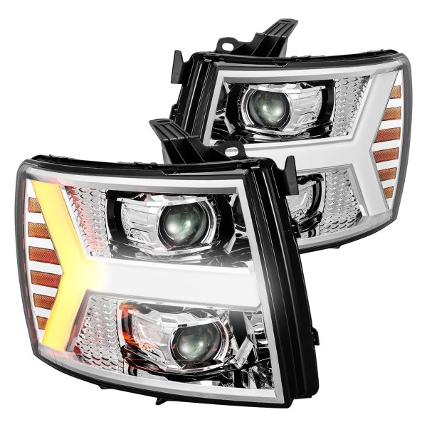 AlphaRex® - Luxx-Series Chrome Sequential DRL Bar Projector LED Headlights, Chevy Silverado